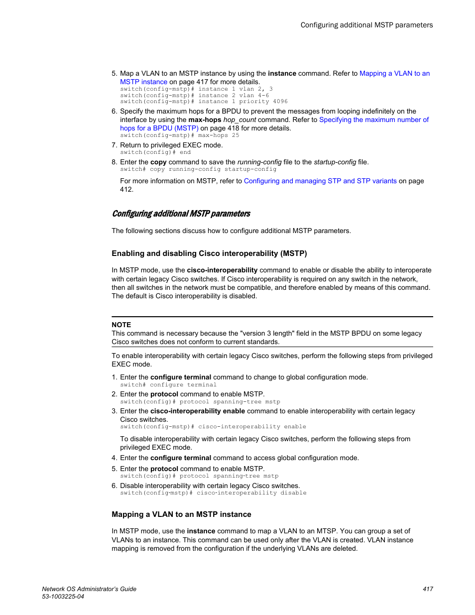 Configuring additional mstp parameters, Mapping a vlan to an mstp instance | Brocade Network OS Administrator’s Guide v4.1.1 User Manual | Page 417 / 748