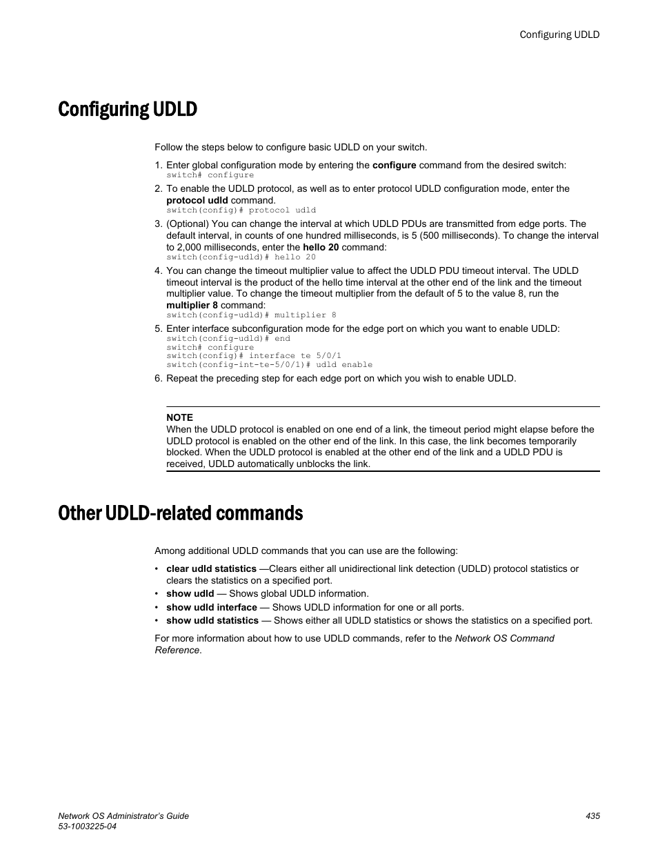 Configuring udld, Other udld-related commands, Configuring udld other udld-related commands | Brocade Network OS Administrator’s Guide v4.1.1 User Manual | Page 435 / 748