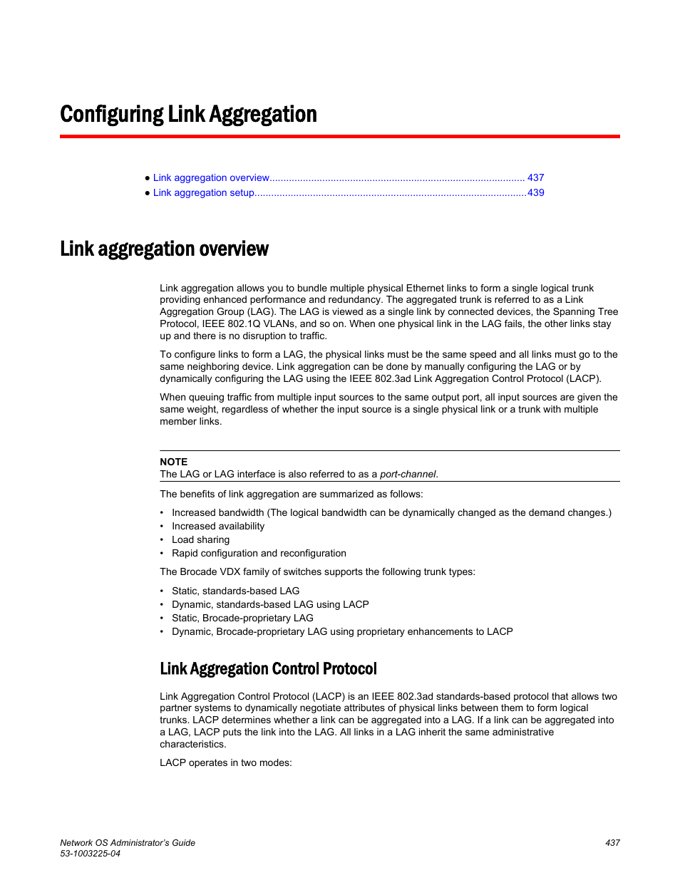 Configuring link aggregation, Link aggregation overview, Link aggregation control protocol | For complete information on vlag, refer to | Brocade Network OS Administrator’s Guide v4.1.1 User Manual | Page 437 / 748