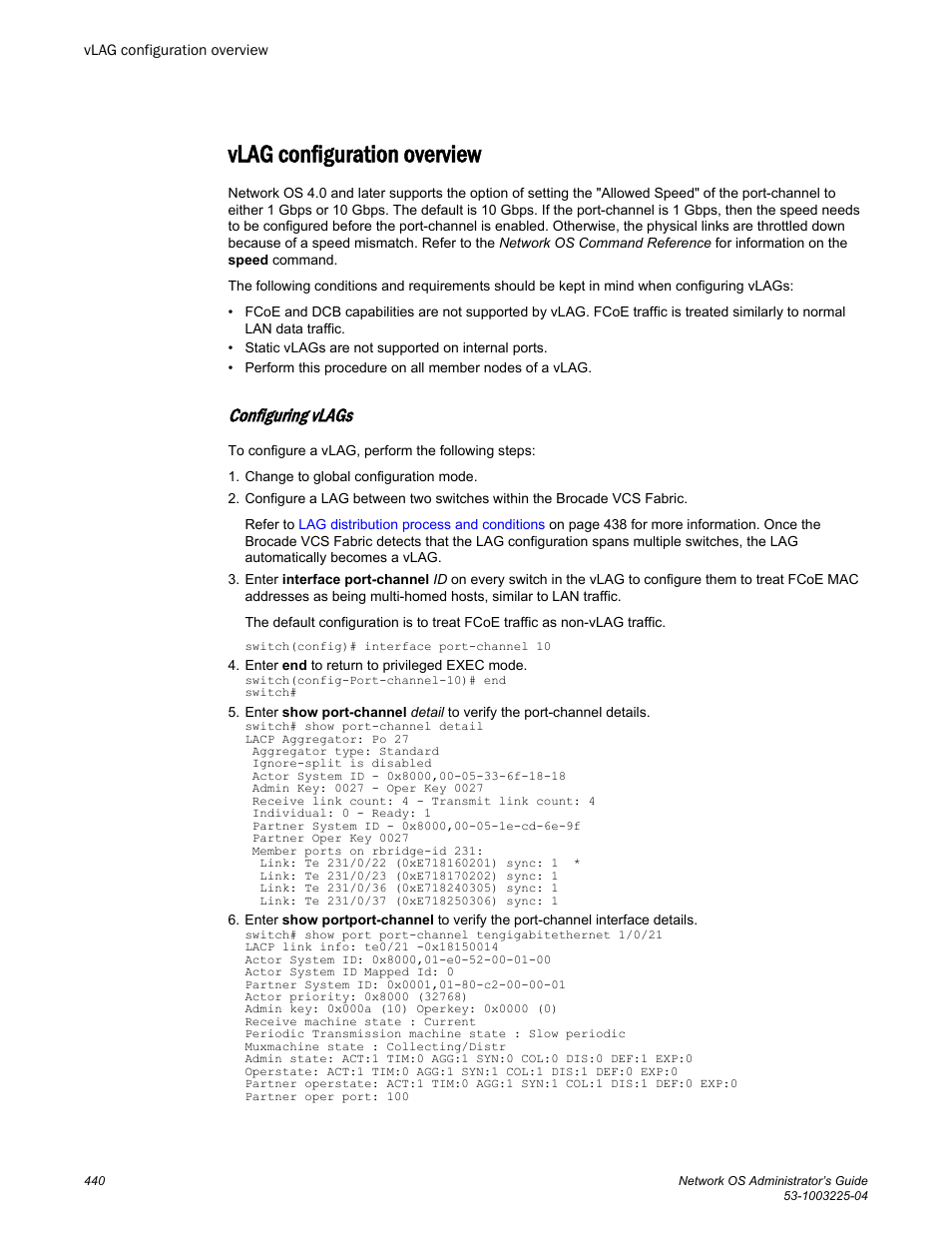 Vlag configuration overview, Configuring vlags | Brocade Network OS Administrator’s Guide v4.1.1 User Manual | Page 440 / 748