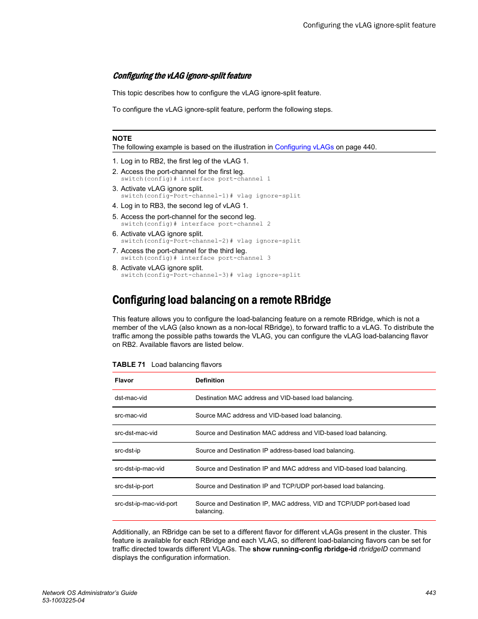 Configuring the vlag ignore-split feature, Configuring load balancing on a remote rbridge | Brocade Network OS Administrator’s Guide v4.1.1 User Manual | Page 443 / 748