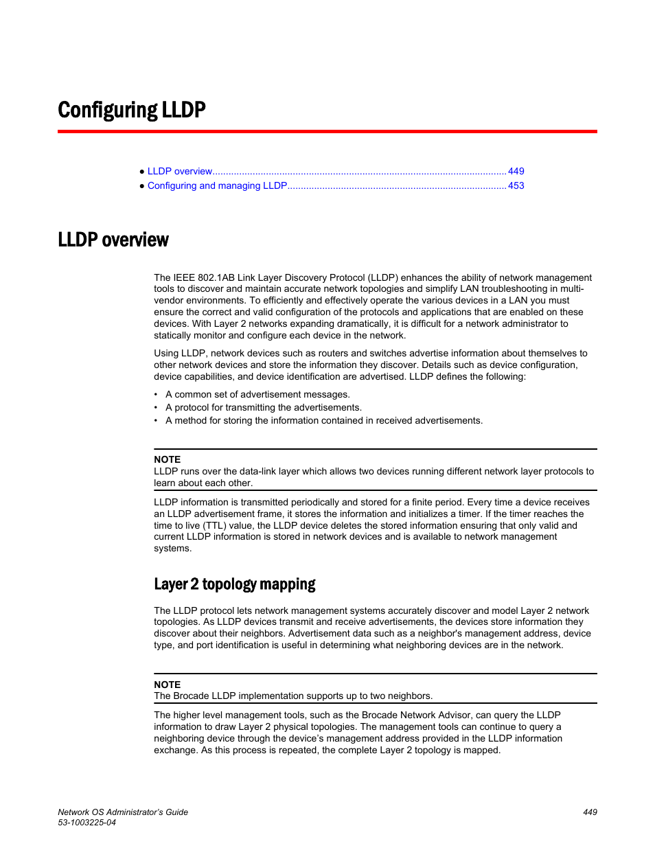 Configuring lldp, Lldp overview, Layer 2 topology mapping | Brocade Network OS Administrator’s Guide v4.1.1 User Manual | Page 449 / 748