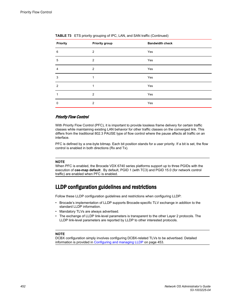 Priority flow control, Lldp configuration guidelines and restrictions | Brocade Network OS Administrator’s Guide v4.1.1 User Manual | Page 452 / 748