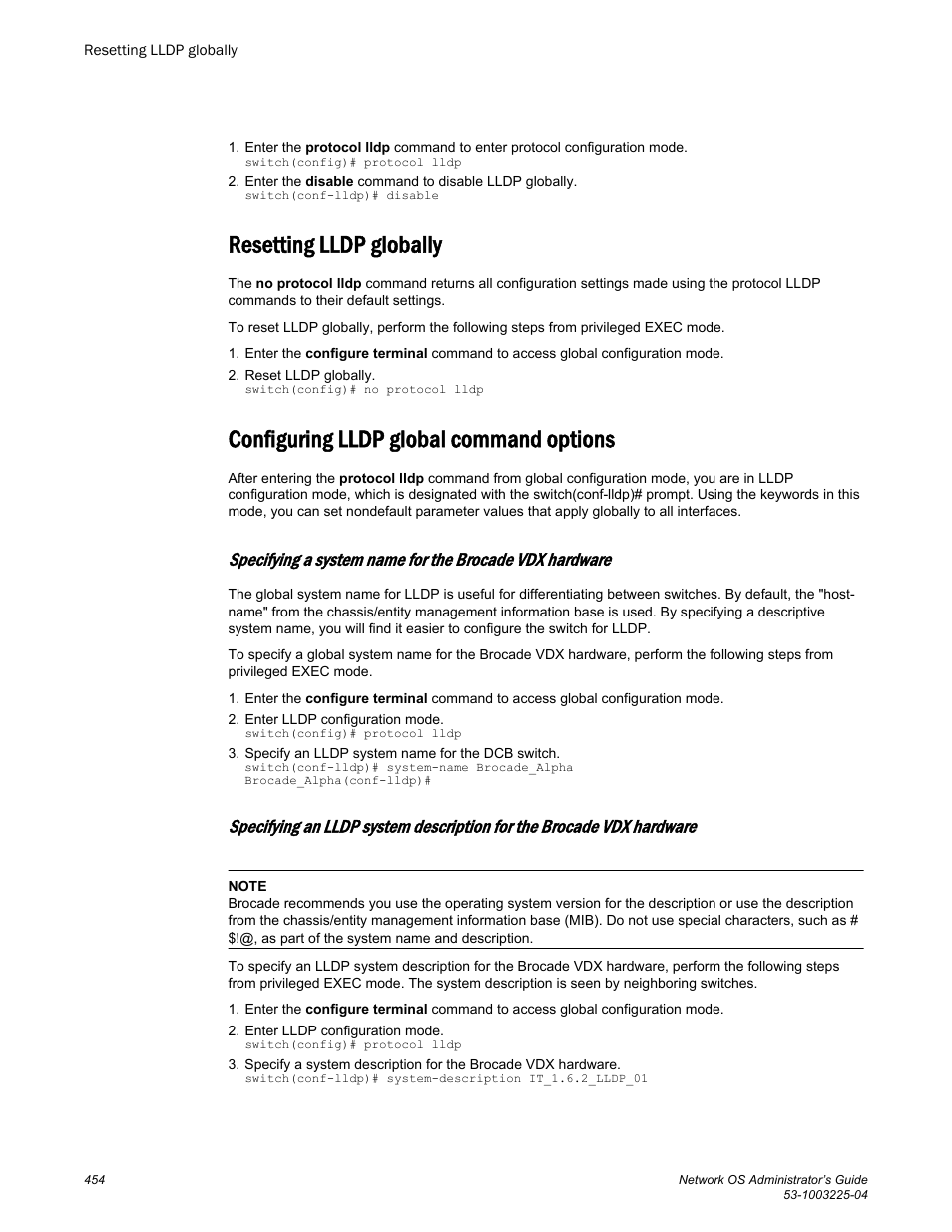 Resetting lldp globally, Configuring lldp global command options | Brocade Network OS Administrator’s Guide v4.1.1 User Manual | Page 454 / 748