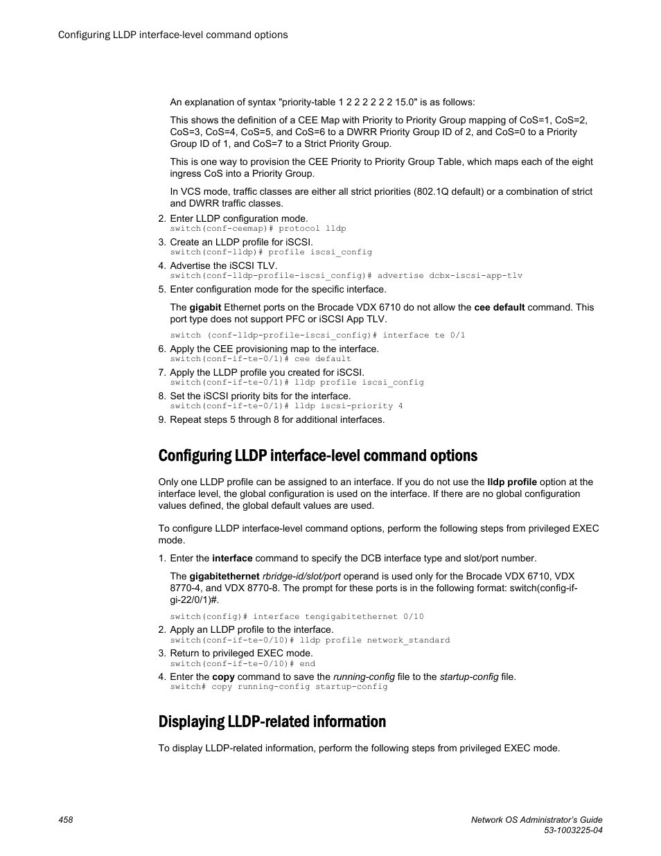 Configuring lldp interface-level command options, Displaying lldp-related information | Brocade Network OS Administrator’s Guide v4.1.1 User Manual | Page 458 / 748