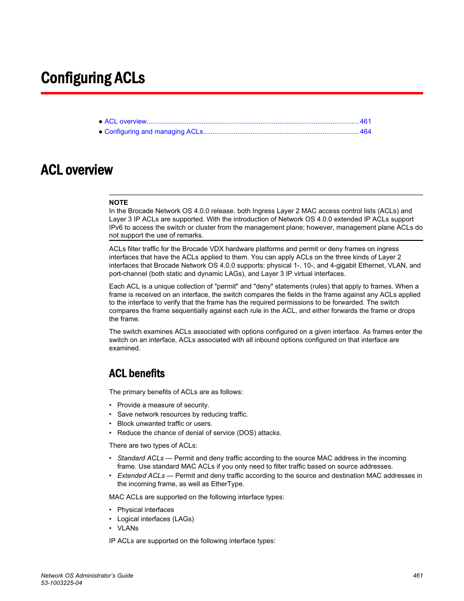 Configuring acls, Acl overview, Acl benefits | Brocade Network OS Administrator’s Guide v4.1.1 User Manual | Page 461 / 748