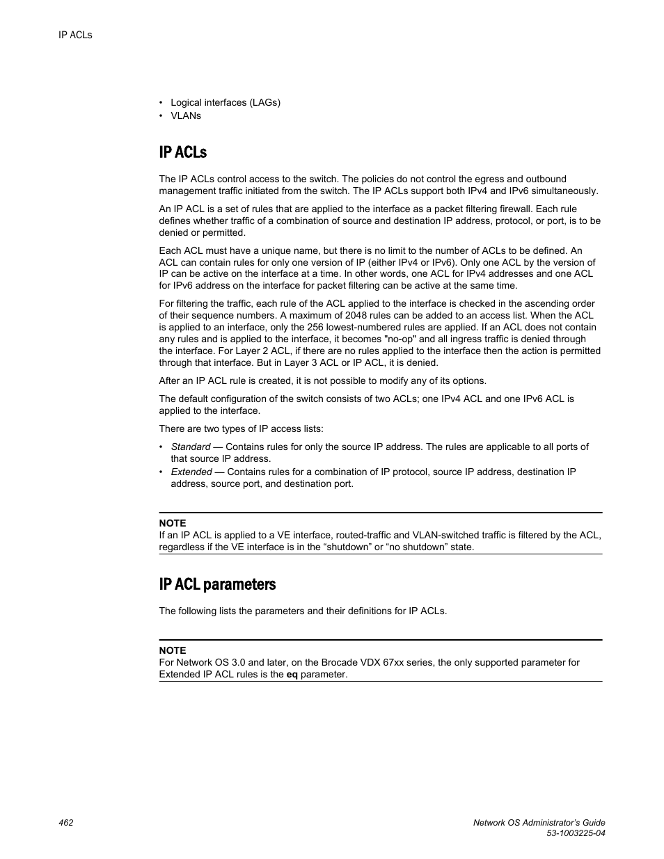 Ip acls, Ip acl parameters, Ip acls ip acl parameters | Brocade Network OS Administrator’s Guide v4.1.1 User Manual | Page 462 / 748