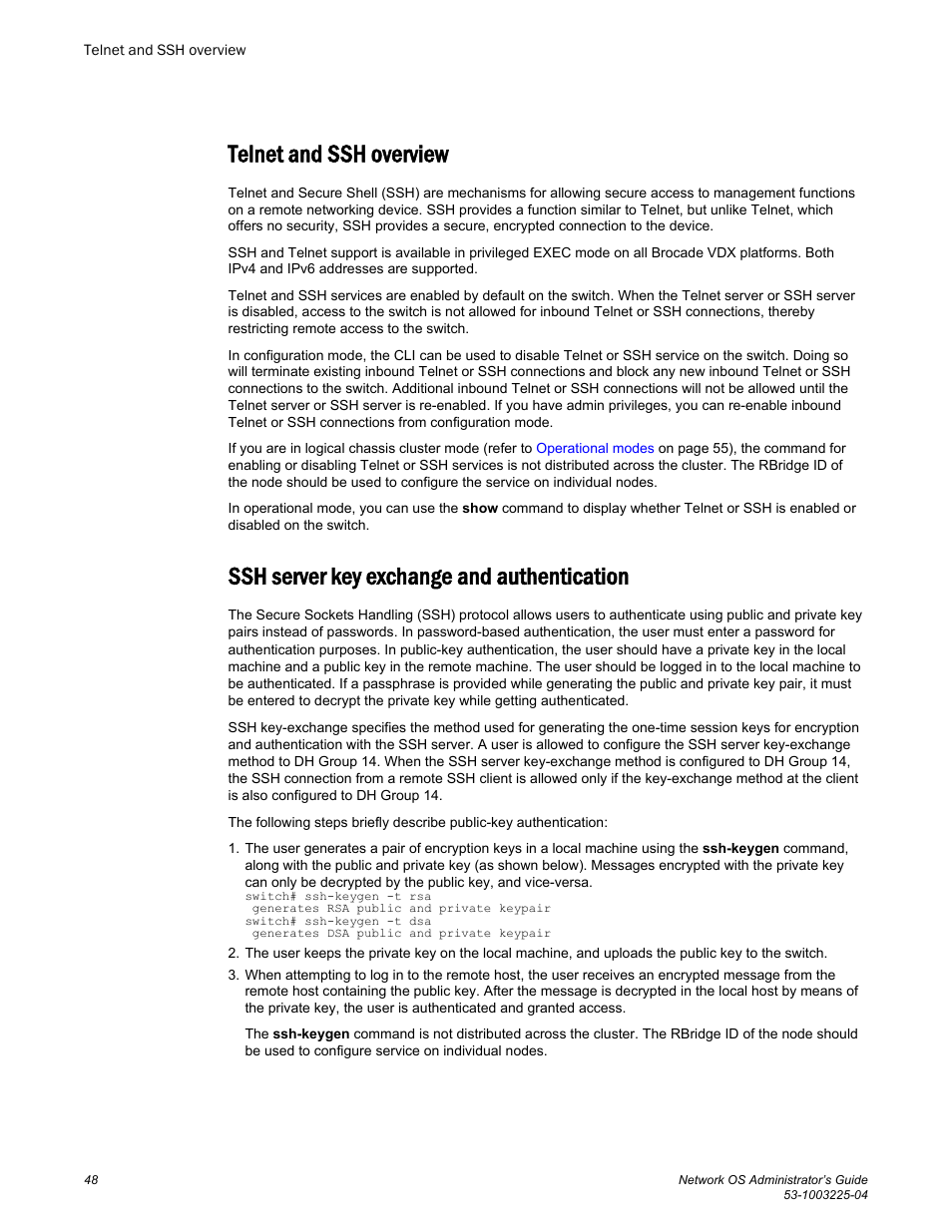 Telnet and ssh overview, Ssh server key exchange and authentication | Brocade Network OS Administrator’s Guide v4.1.1 User Manual | Page 48 / 748