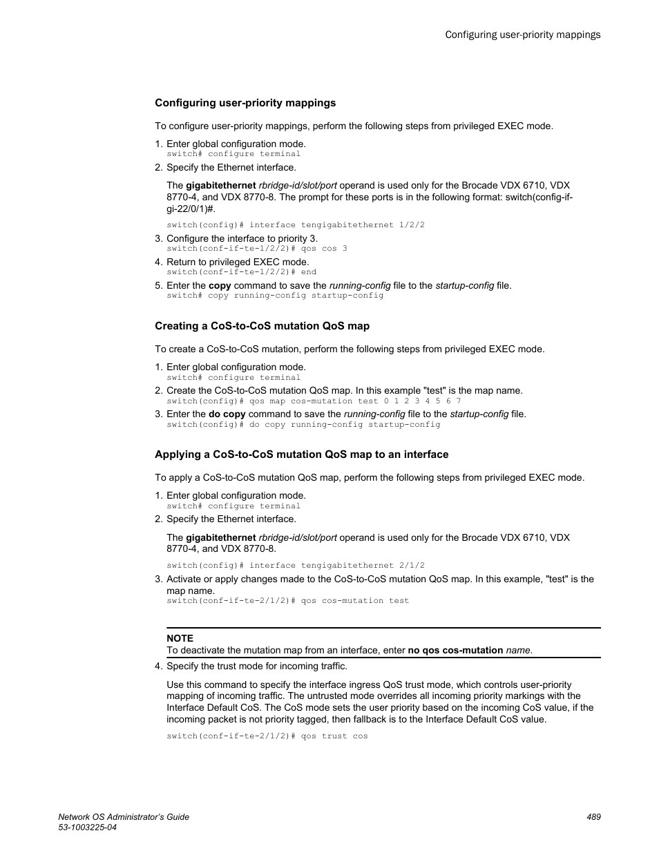 Configuring user-priority mappings, Creating a cos-to-cos mutation qos map | Brocade Network OS Administrator’s Guide v4.1.1 User Manual | Page 489 / 748