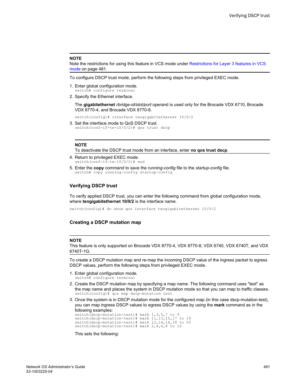 Verifying dscp trust, Creating a dscp mutation map | Brocade Network OS Administrator’s Guide v4.1.1 User Manual | Page 491 / 748