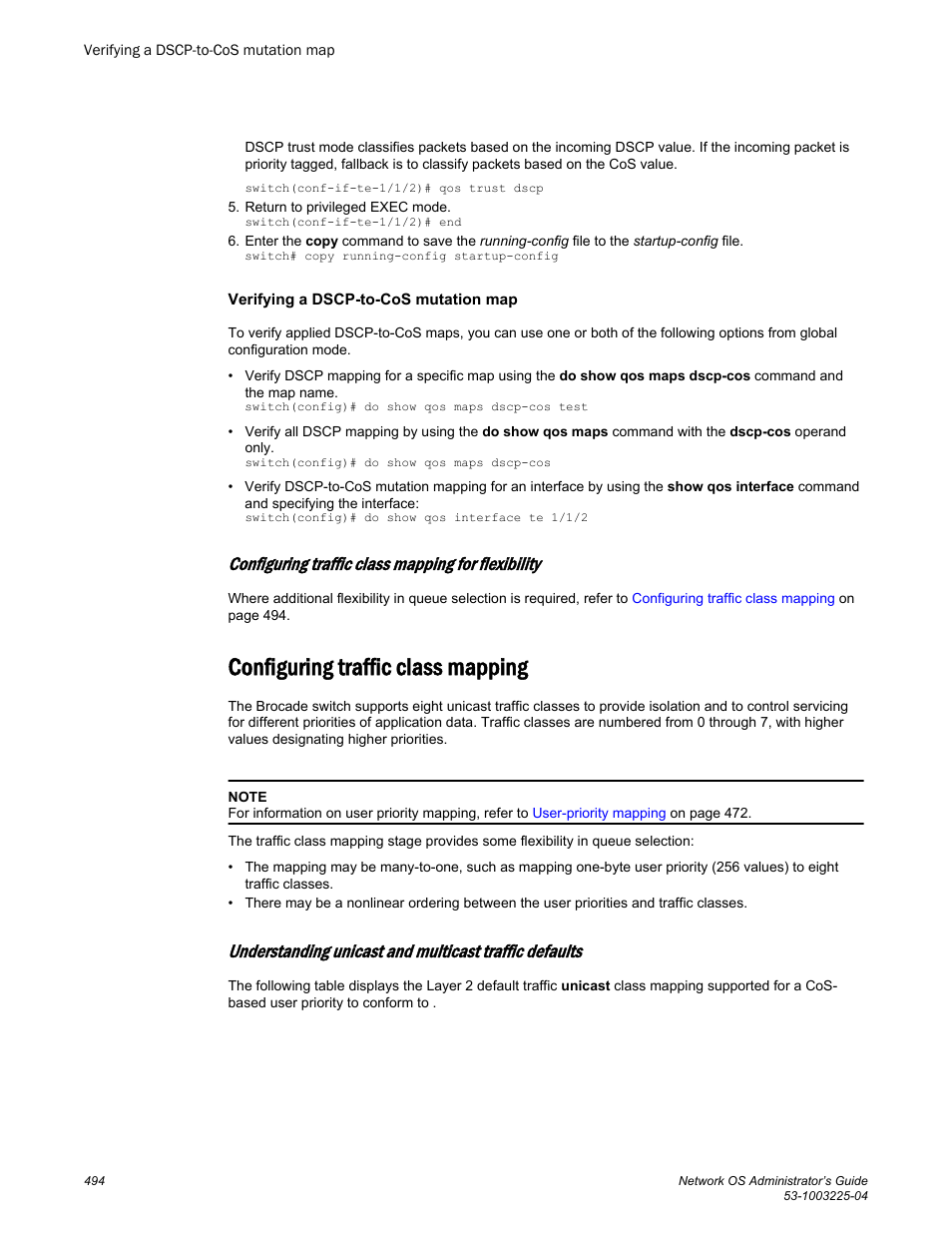 Verifying a dscp-to-cos mutation map, Configuring traffic class mapping for flexibility, Configuring traffic class mapping | Brocade Network OS Administrator’s Guide v4.1.1 User Manual | Page 494 / 748