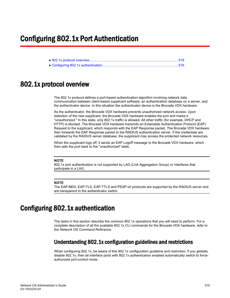 Configuring 802.1x port authentication, 1x protocol overview, Configuring 802.1x authentication | Brocade Network OS Administrator’s Guide v4.1.1 User Manual | Page 519 / 748