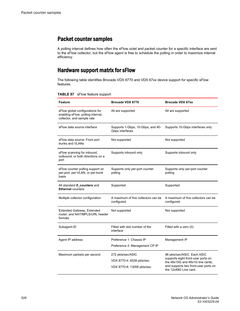 Packet counter samples, Hardware support matrix for sflow | Brocade Network OS Administrator’s Guide v4.1.1 User Manual | Page 526 / 748