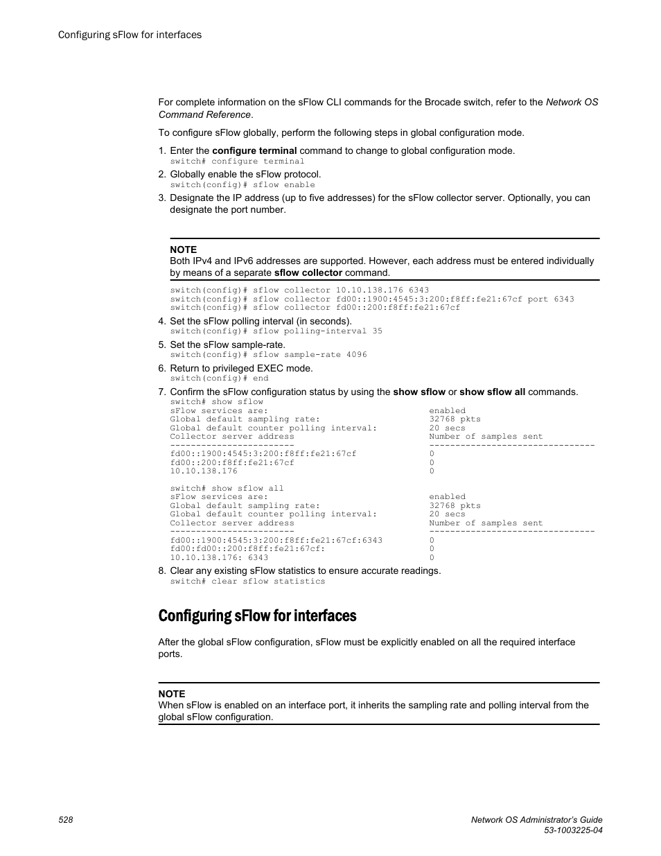 Configuring sflow for interfaces, Configuring sflow for, Interfaces | Brocade Network OS Administrator’s Guide v4.1.1 User Manual | Page 528 / 748