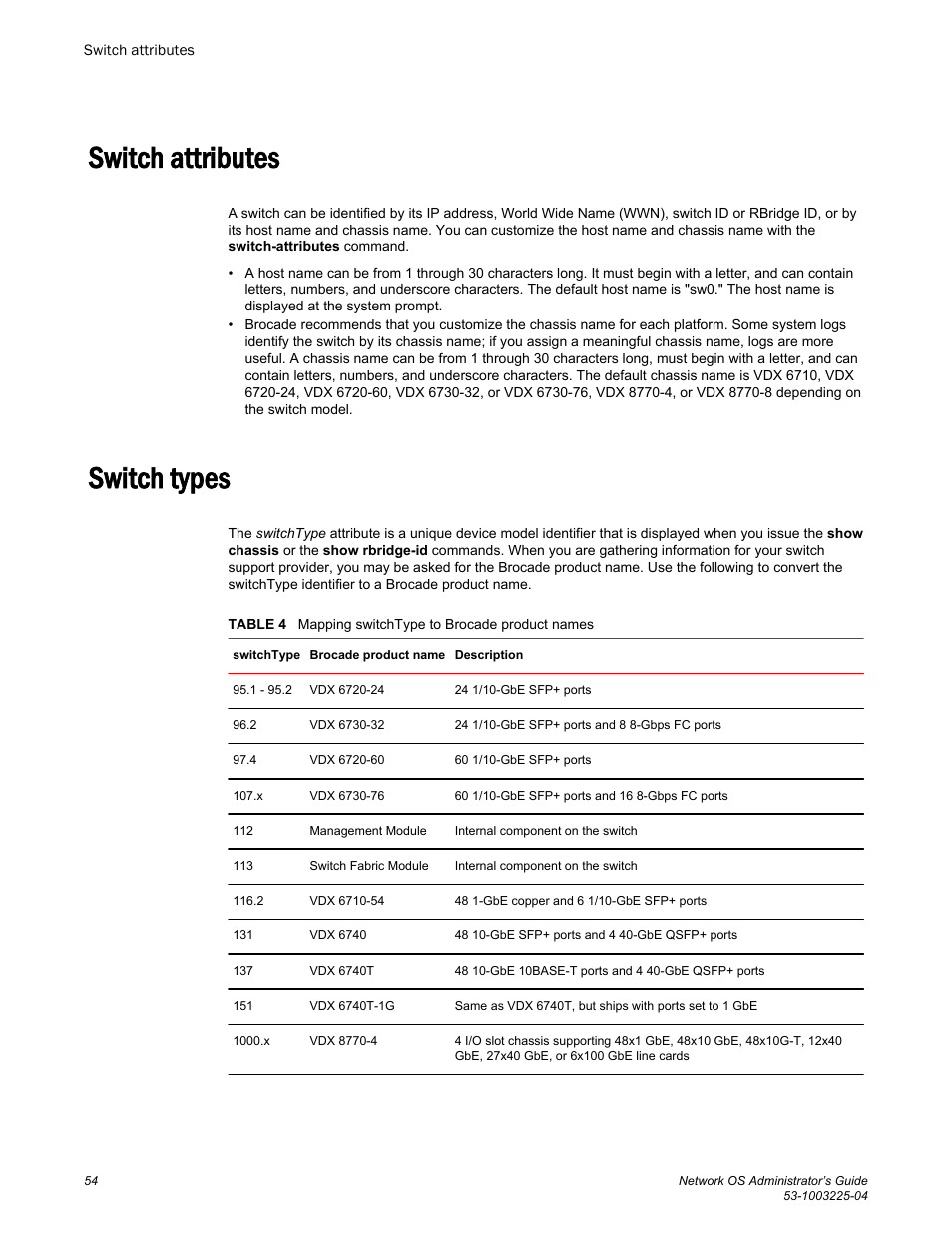 Switch attributes, Switch types, Switch attributes switch types | Brocade Network OS Administrator’s Guide v4.1.1 User Manual | Page 54 / 748