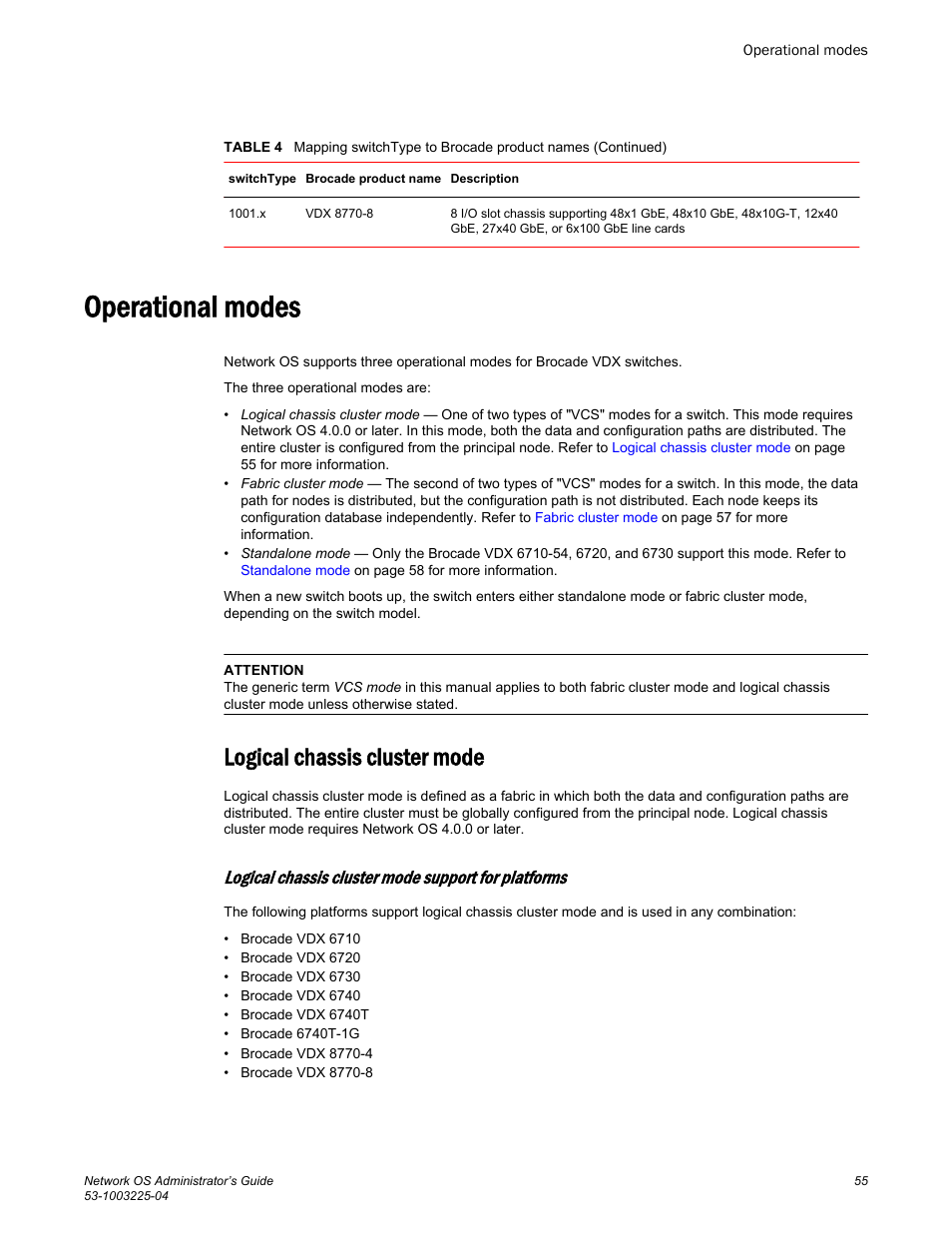 Operational modes, Logical chassis cluster mode, Logical chassis cluster mode support for platforms | Brocade Network OS Administrator’s Guide v4.1.1 User Manual | Page 55 / 748