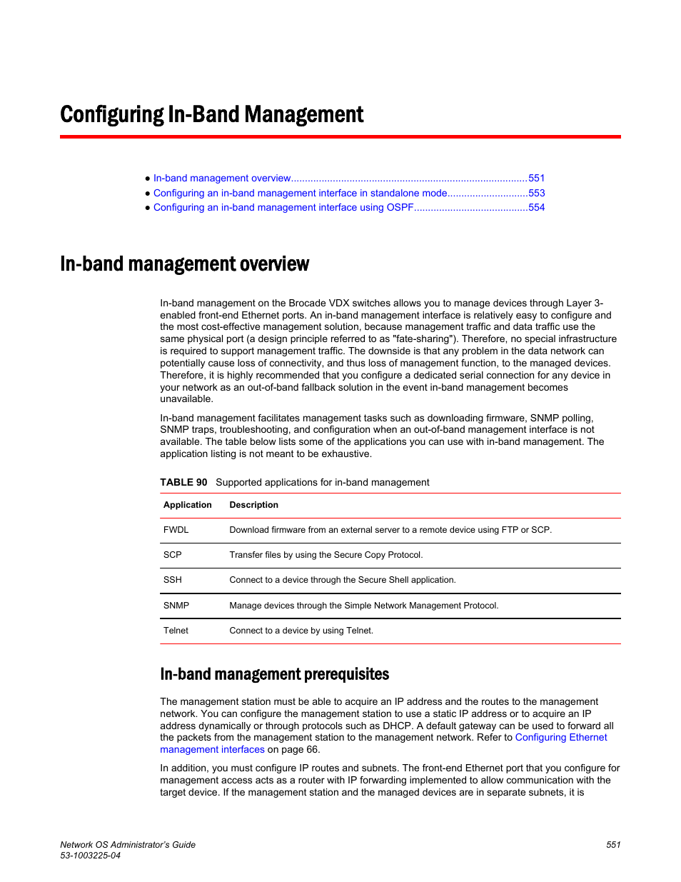 Configuring in-band management, In-band management overview, In-band management prerequisites | Brocade Network OS Administrator’s Guide v4.1.1 User Manual | Page 551 / 748