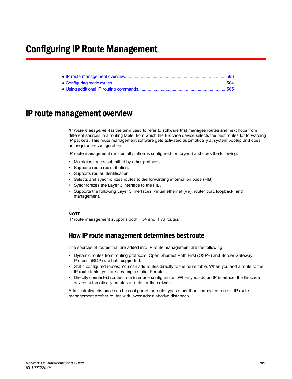 Configuring ip route management, Ip route management overview, How ip route management determines best route | Brocade Network OS Administrator’s Guide v4.1.1 User Manual | Page 563 / 748