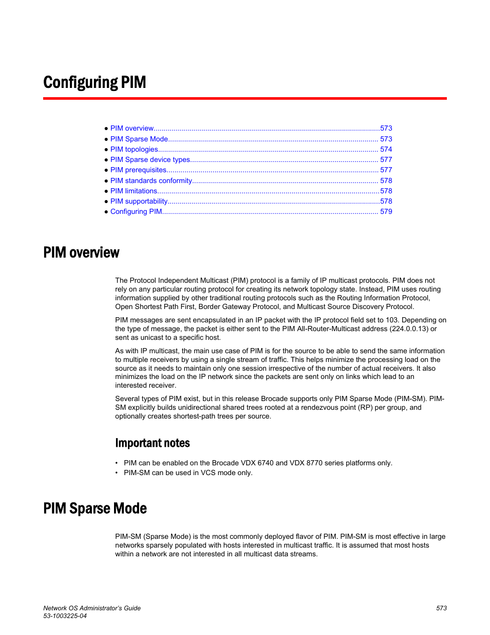 Configuring pim, Pim overview, Important notes | Pim sparse mode | Brocade Network OS Administrator’s Guide v4.1.1 User Manual | Page 573 / 748