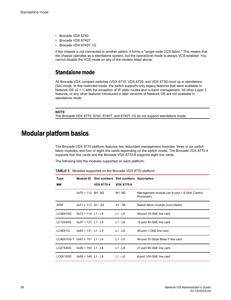 Standalone mode, Modular platform basics | Brocade Network OS Administrator’s Guide v4.1.1 User Manual | Page 58 / 748