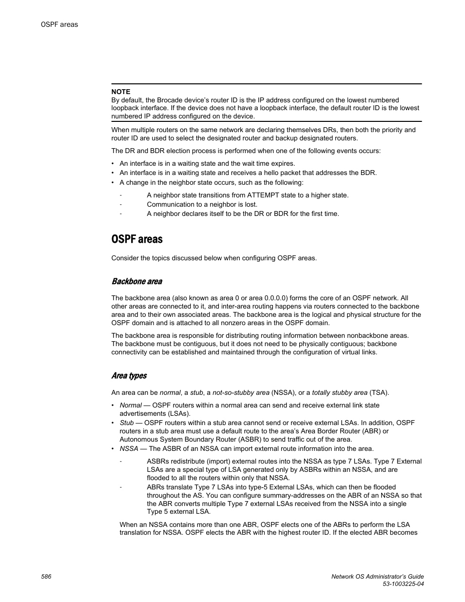 Ospf areas, Backbone area, Area types | Brocade Network OS Administrator’s Guide v4.1.1 User Manual | Page 586 / 748