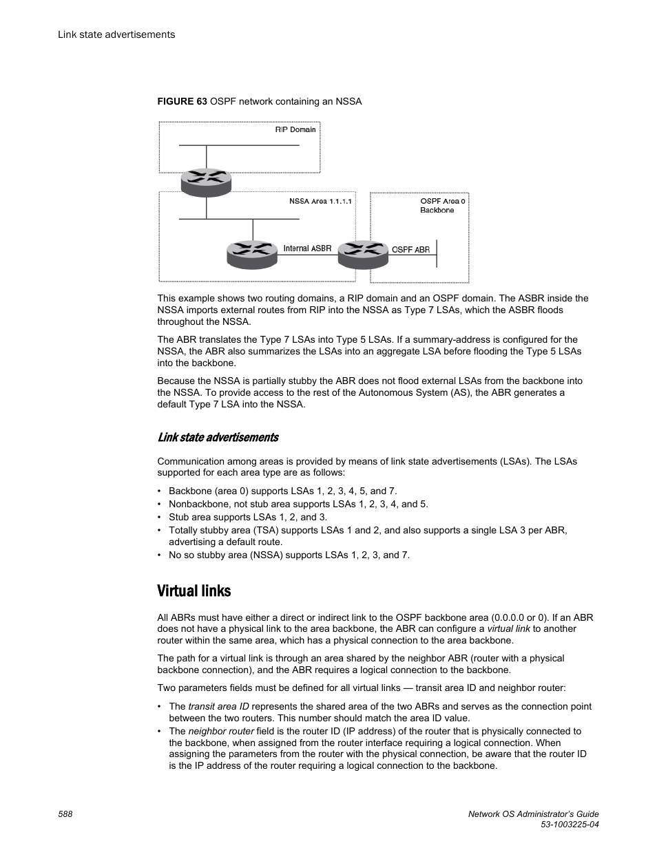Link state advertisements, Virtual links | Brocade Network OS Administrator’s Guide v4.1.1 User Manual | Page 588 / 748