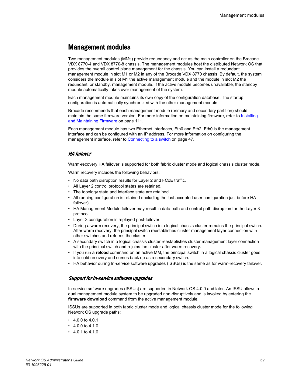 Management modules, Ha failover, Support for in-service software upgrades | Brocade Network OS Administrator’s Guide v4.1.1 User Manual | Page 59 / 748