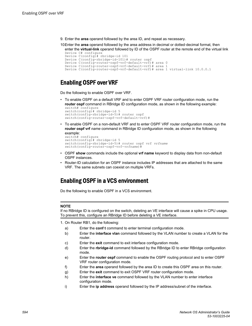 Enabling ospf over vrf, Enabling ospf in a vcs environment | Brocade Network OS Administrator’s Guide v4.1.1 User Manual | Page 594 / 748