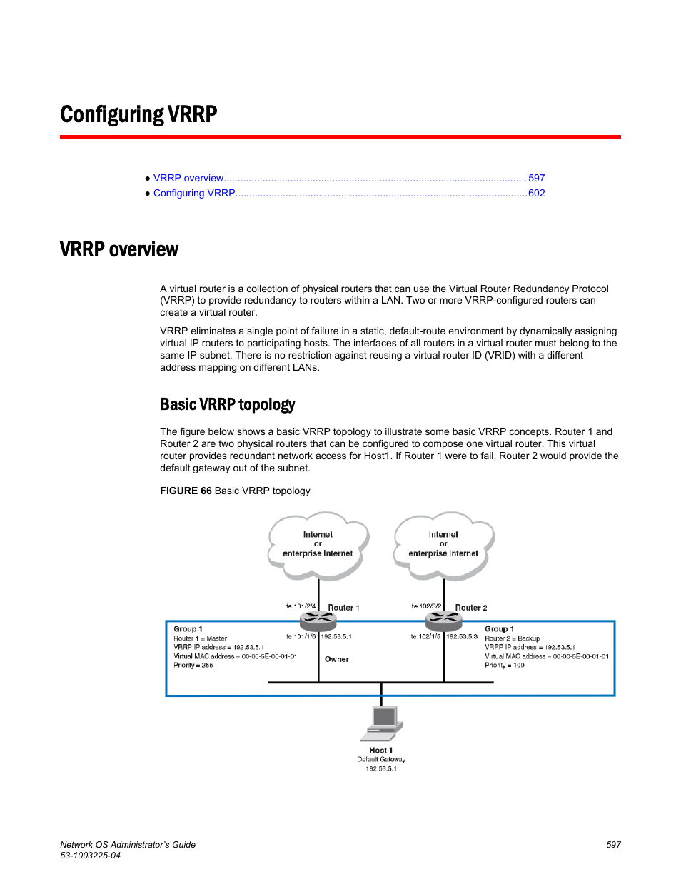 Configuring vrrp, Vrrp overview, Basic vrrp topology | Brocade Network OS Administrator’s Guide v4.1.1 User Manual | Page 597 / 748