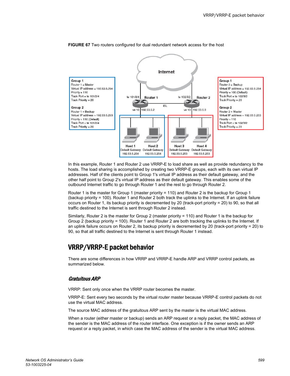 Vrrp/vrrp-e packet behavior, Gratuitous arp | Brocade Network OS Administrator’s Guide v4.1.1 User Manual | Page 599 / 748
