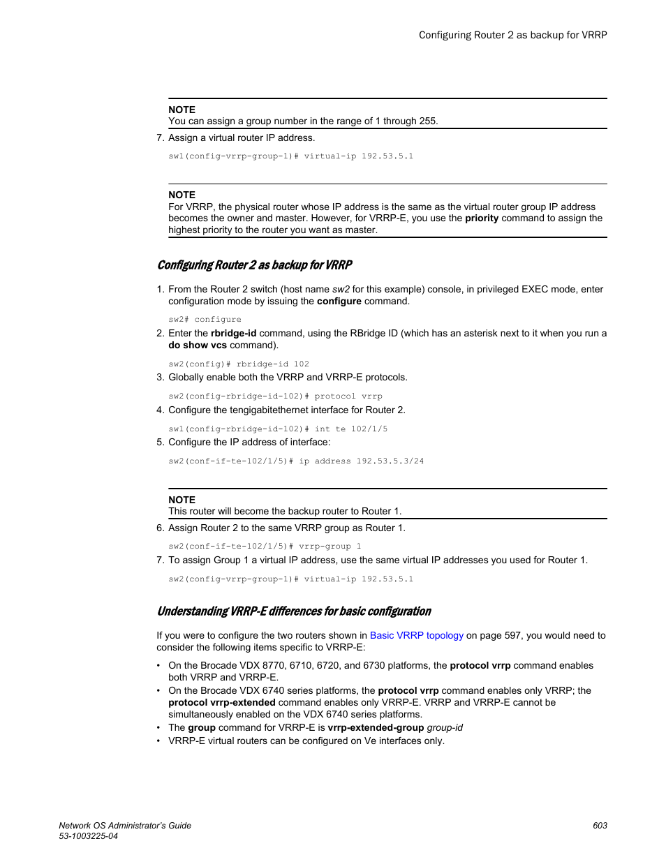 Configuring router 2 as backup for vrrp | Brocade Network OS Administrator’s Guide v4.1.1 User Manual | Page 603 / 748