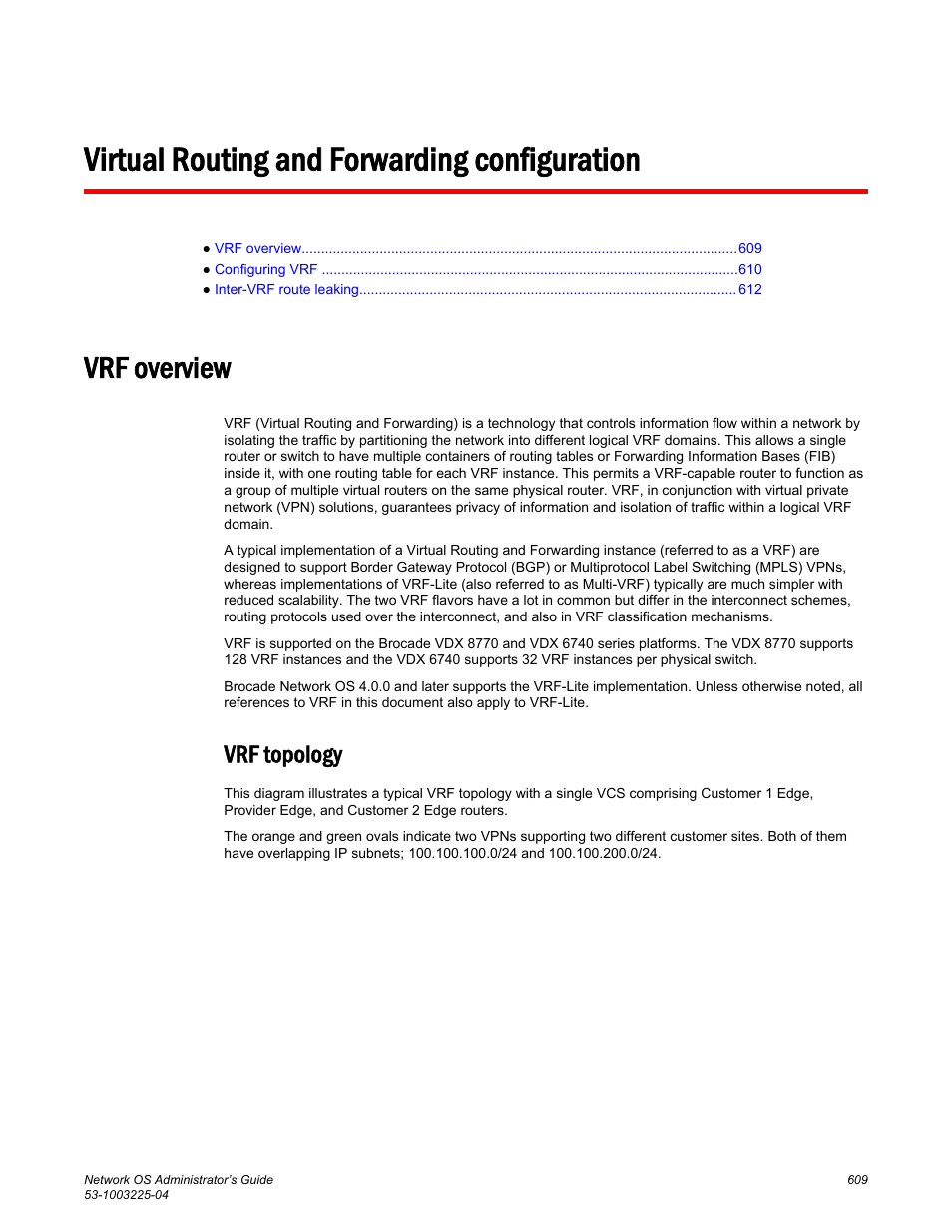 Virtual routing and forwarding configuration, Vrf overview, Vrf topology | Brocade Network OS Administrator’s Guide v4.1.1 User Manual | Page 609 / 748
