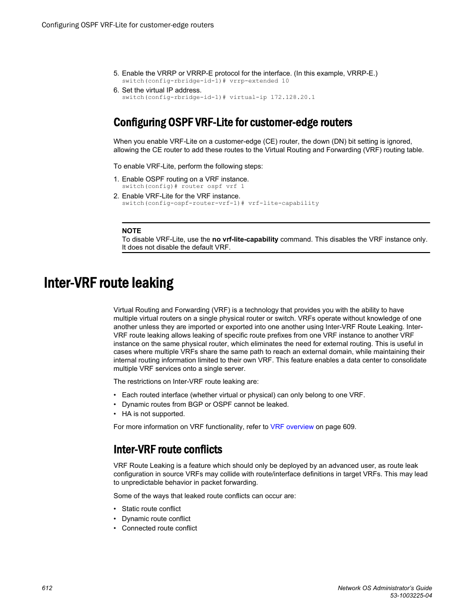 Inter-vrf route leaking, Inter-vrf route conflicts | Brocade Network OS Administrator’s Guide v4.1.1 User Manual | Page 612 / 748