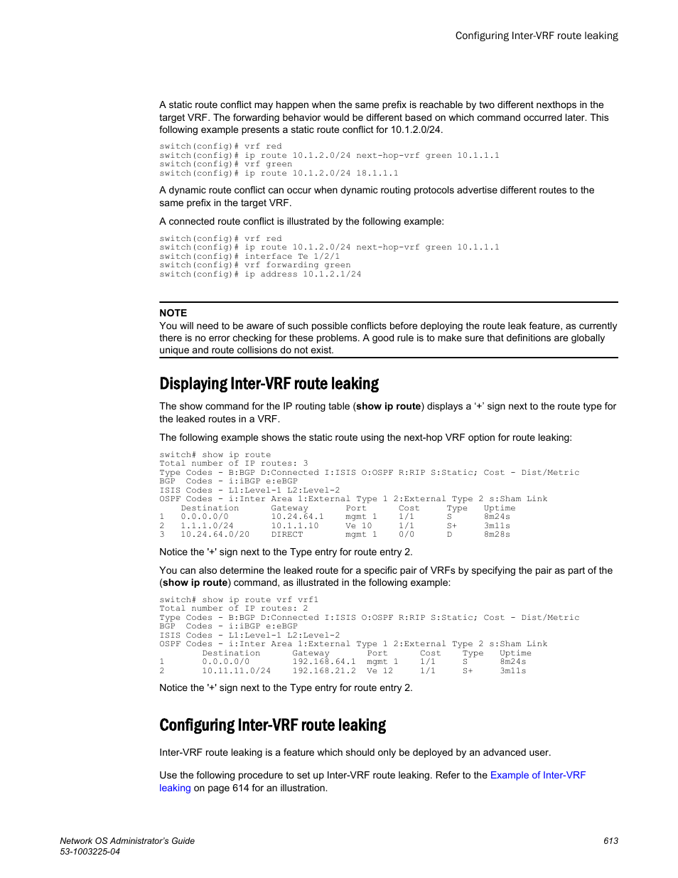 Configuring inter-vrf route leaking, Displaying inter-vrf route leaking | Brocade Network OS Administrator’s Guide v4.1.1 User Manual | Page 613 / 748