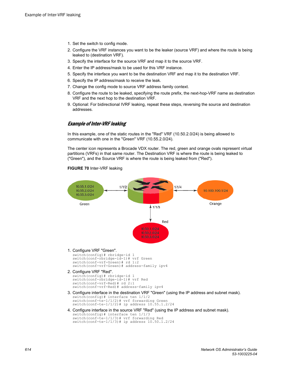 Example of inter-vrf leaking | Brocade Network OS Administrator’s Guide v4.1.1 User Manual | Page 614 / 748