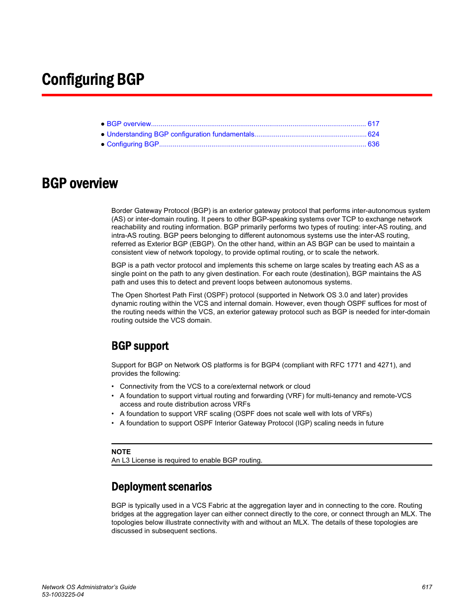 Configuring bgp, Bgp overview, Bgp support | Deployment scenarios, Bgp support deployment scenarios | Brocade Network OS Administrator’s Guide v4.1.1 User Manual | Page 617 / 748