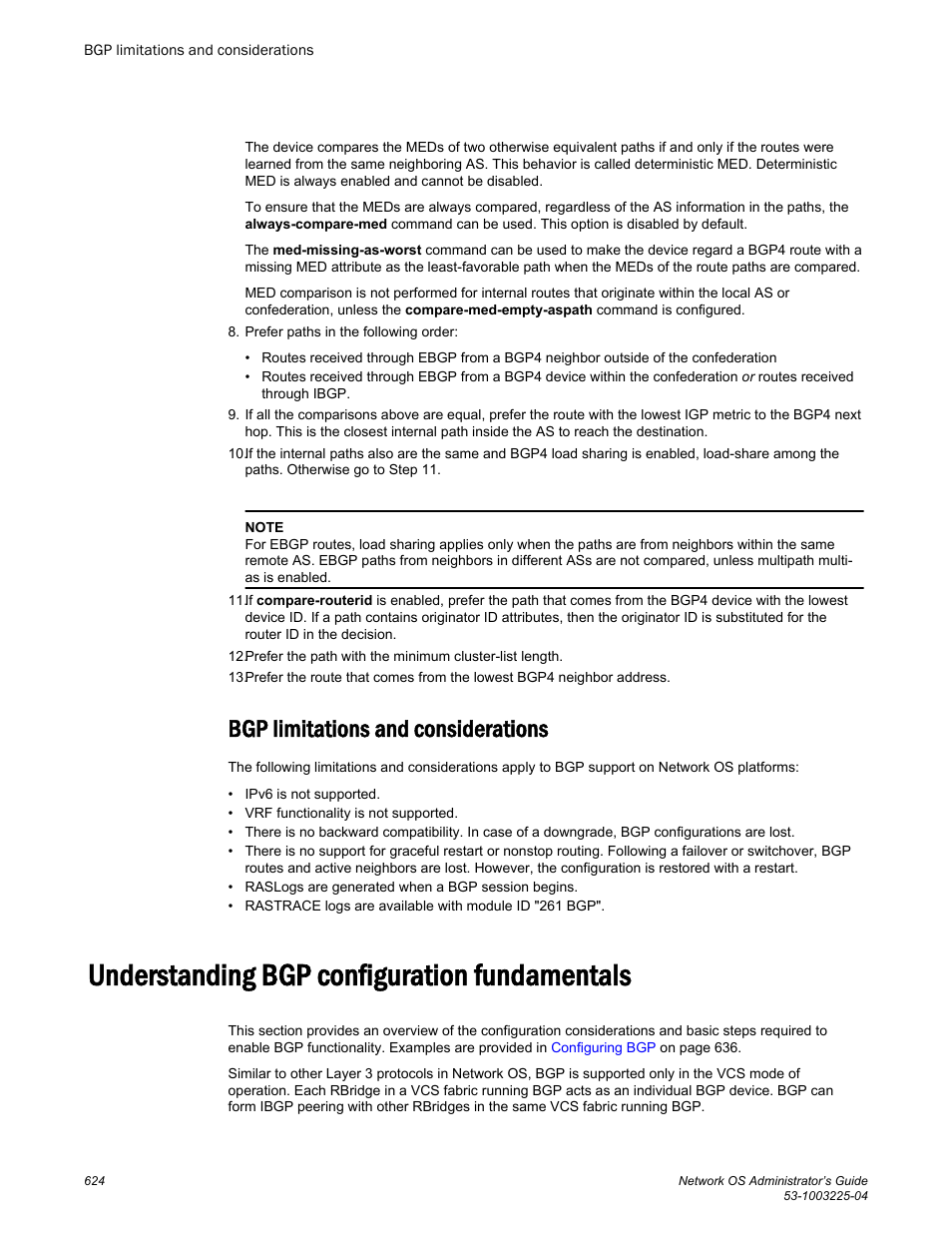 Bgp limitations and considerations, Understanding bgp configuration fundamentals | Brocade Network OS Administrator’s Guide v4.1.1 User Manual | Page 624 / 748