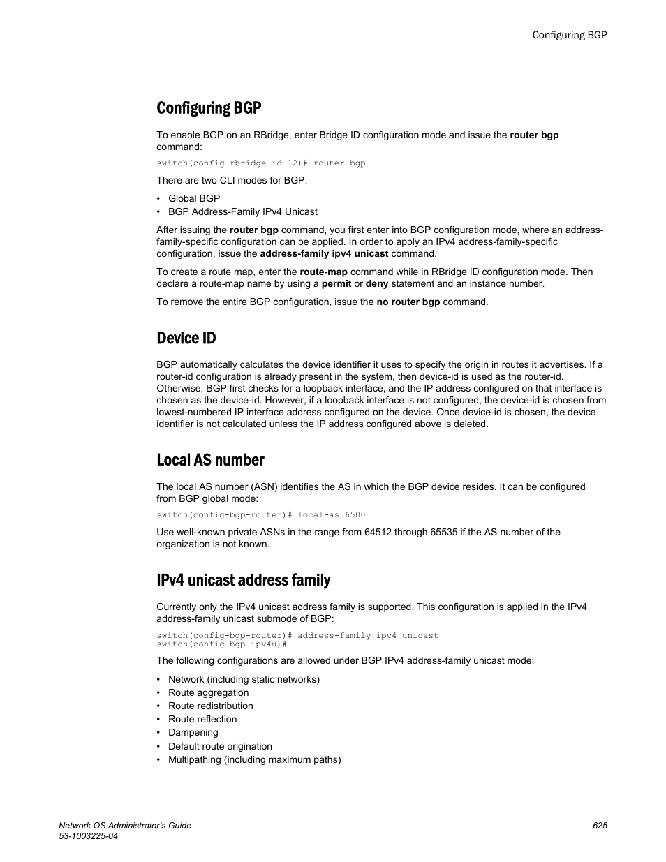 Configuring bgp, Device id, Local as number | Ipv4 unicast address family | Brocade Network OS Administrator’s Guide v4.1.1 User Manual | Page 625 / 748