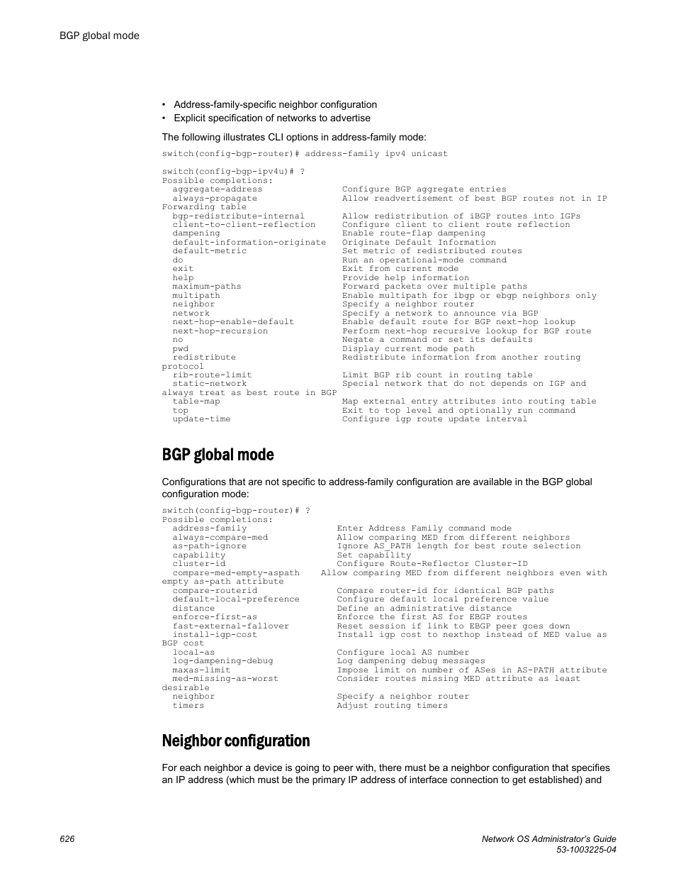 Bgp global mode, Neighbor configuration, Bgp global mode neighbor configuration | Brocade Network OS Administrator’s Guide v4.1.1 User Manual | Page 626 / 748