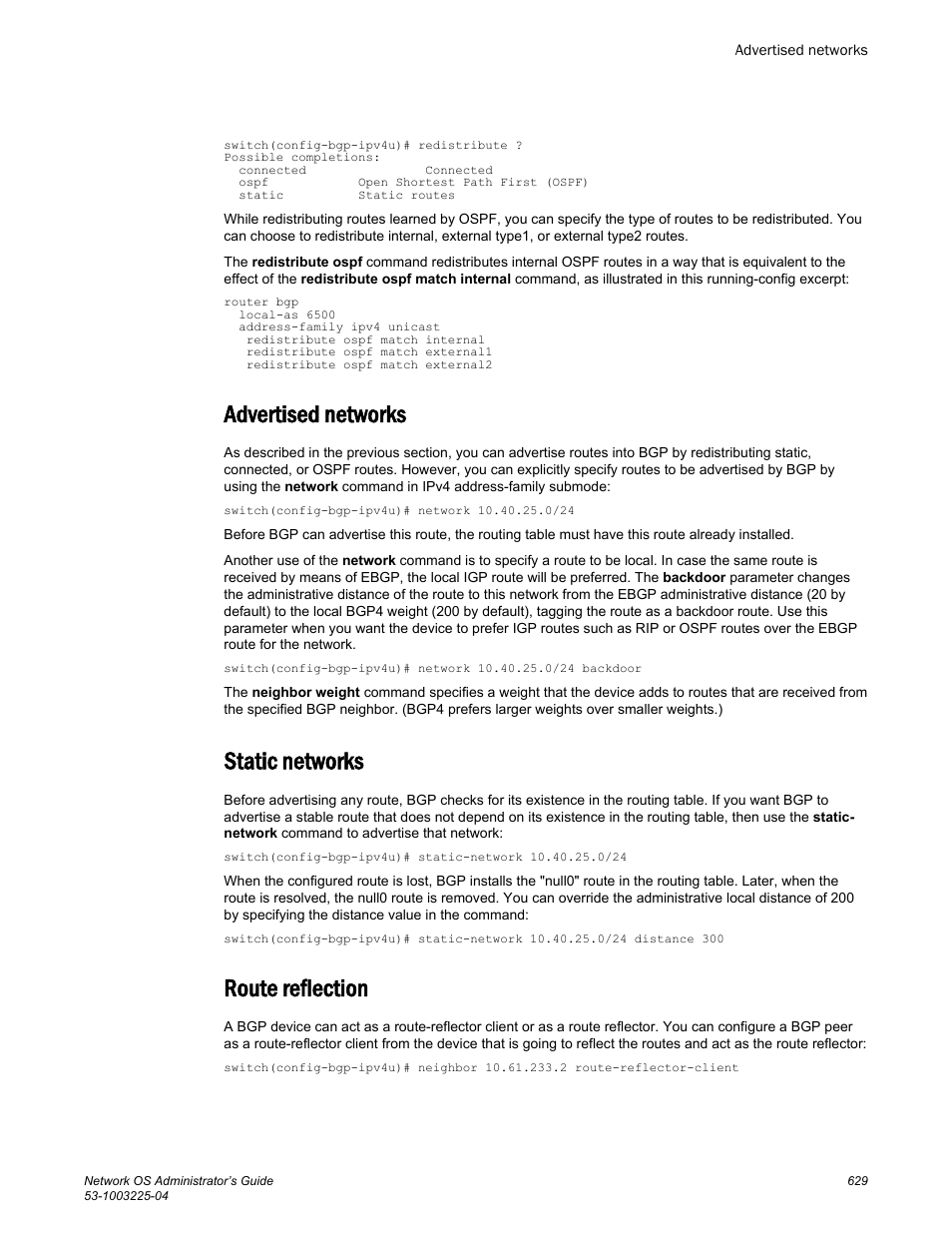 Advertised networks, Static networks, Route reflection | Brocade Network OS Administrator’s Guide v4.1.1 User Manual | Page 629 / 748