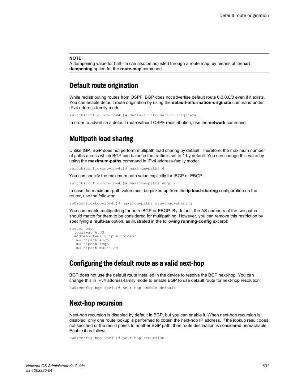 Default route origination, Multipath load sharing, Configuring the default route as a valid next-hop | Next-hop recursion | Brocade Network OS Administrator’s Guide v4.1.1 User Manual | Page 631 / 748