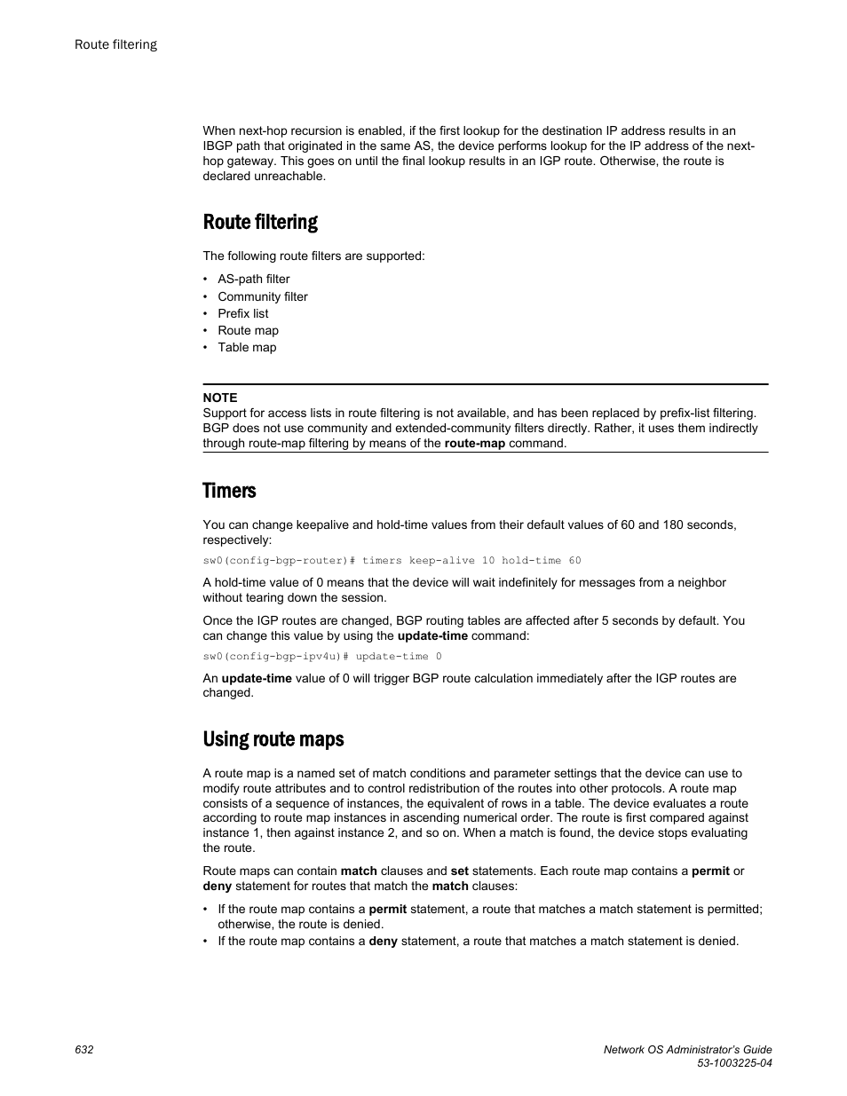 Route filtering, Timers, Using route maps | Route filtering timers | Brocade Network OS Administrator’s Guide v4.1.1 User Manual | Page 632 / 748