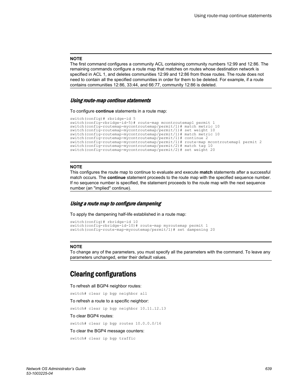 Using route-map continue statements, Using a route map to configure dampening, Clearing configurations | Brocade Network OS Administrator’s Guide v4.1.1 User Manual | Page 639 / 748