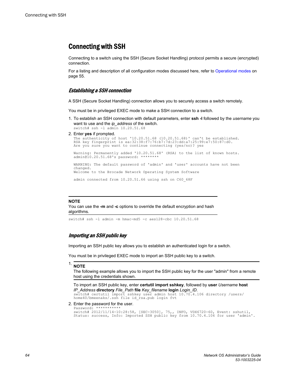 Connecting with ssh, Establishing a ssh connection, Importing an ssh public key | Brocade Network OS Administrator’s Guide v4.1.1 User Manual | Page 64 / 748