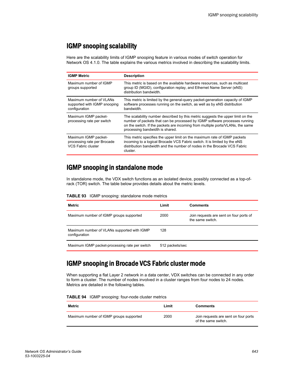 Igmp snooping scalability, Igmp snooping in standalone mode, Igmp snooping in brocade vcs fabric cluster mode | Brocade Network OS Administrator’s Guide v4.1.1 User Manual | Page 643 / 748