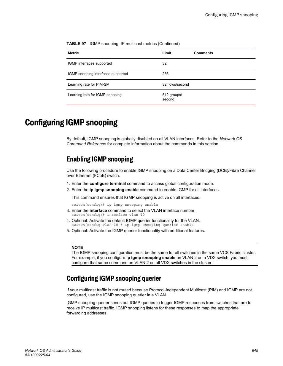 Configuring igmp snooping, Enabling igmp snooping, Configuring igmp snooping querier | Brocade Network OS Administrator’s Guide v4.1.1 User Manual | Page 645 / 748
