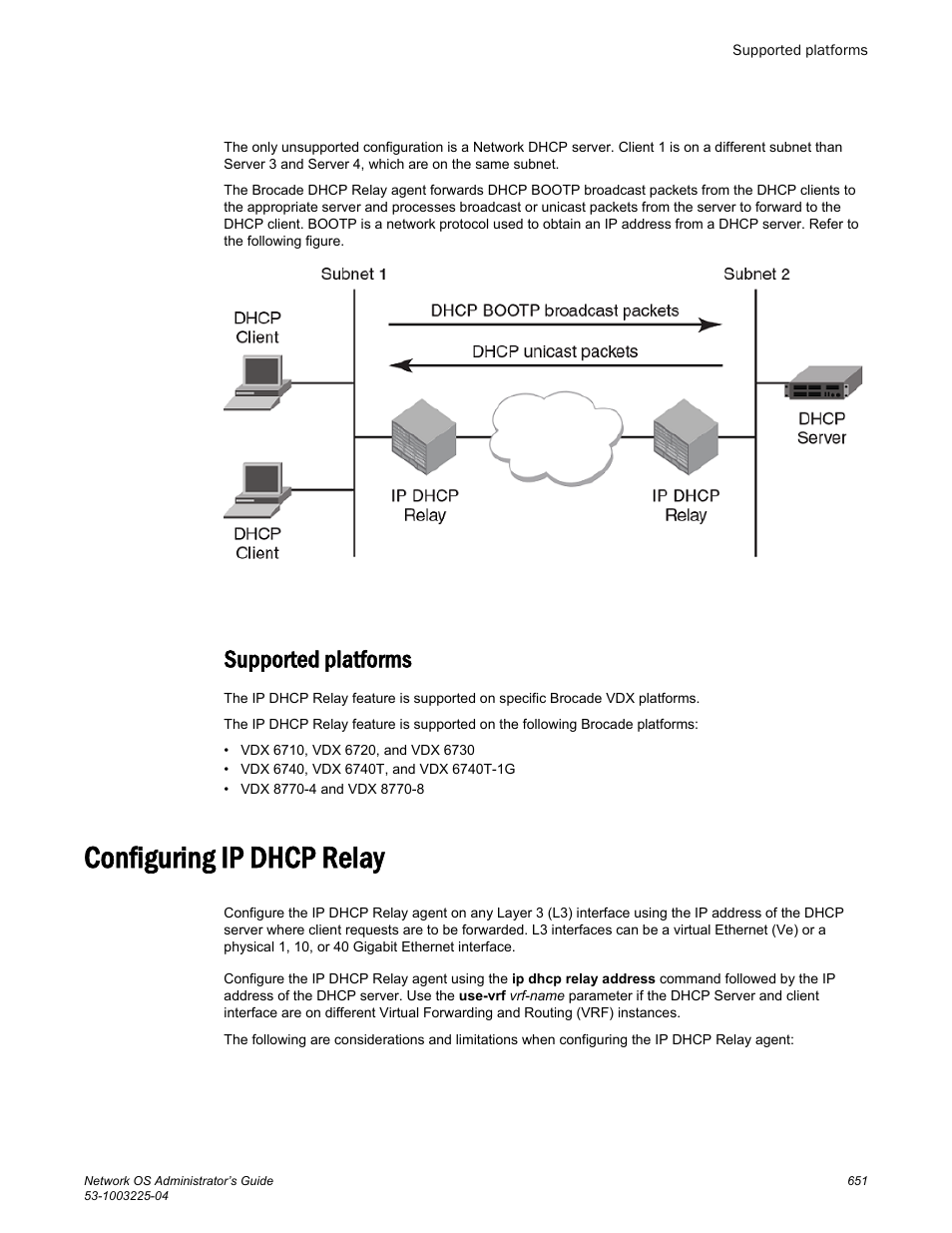 Supported platforms, Configuring ip dhcp relay | Brocade Network OS Administrator’s Guide v4.1.1 User Manual | Page 651 / 748