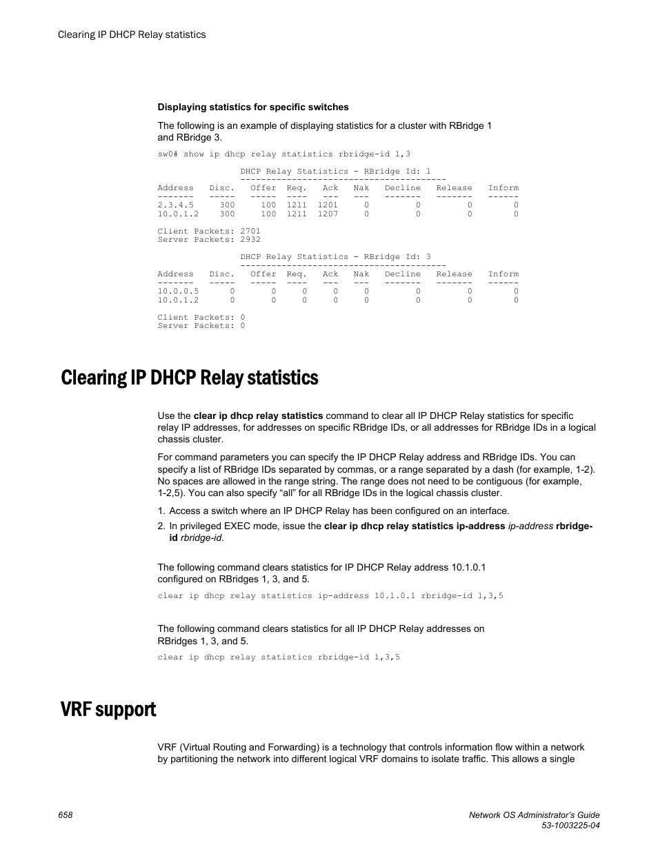 Clearing ip dhcp relay statistics, Vrf support, Clearing ip dhcp relay statistics vrf support | Brocade Network OS Administrator’s Guide v4.1.1 User Manual | Page 658 / 748