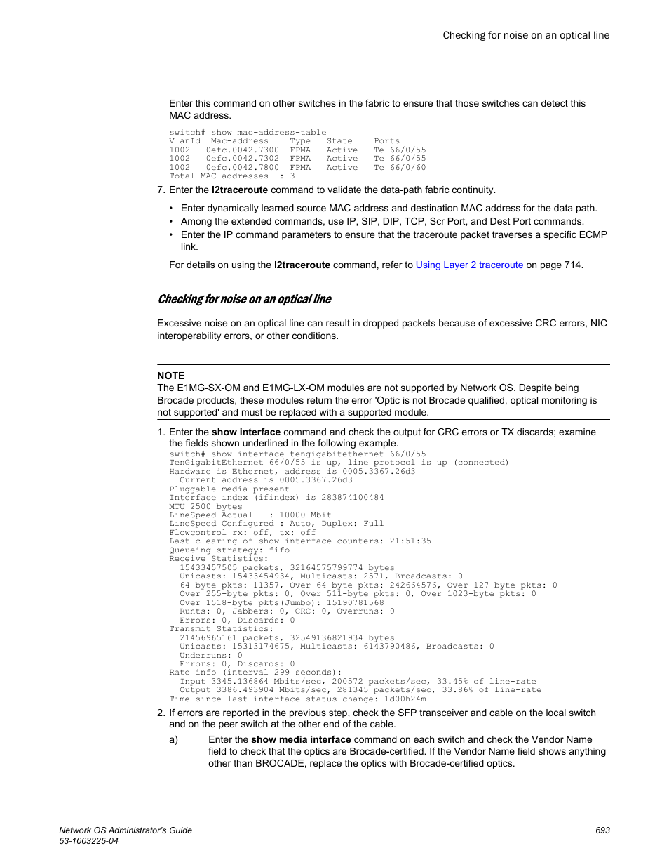 Checking for noise on an optical line, Refer to | Brocade Network OS Administrator’s Guide v4.1.1 User Manual | Page 693 / 748