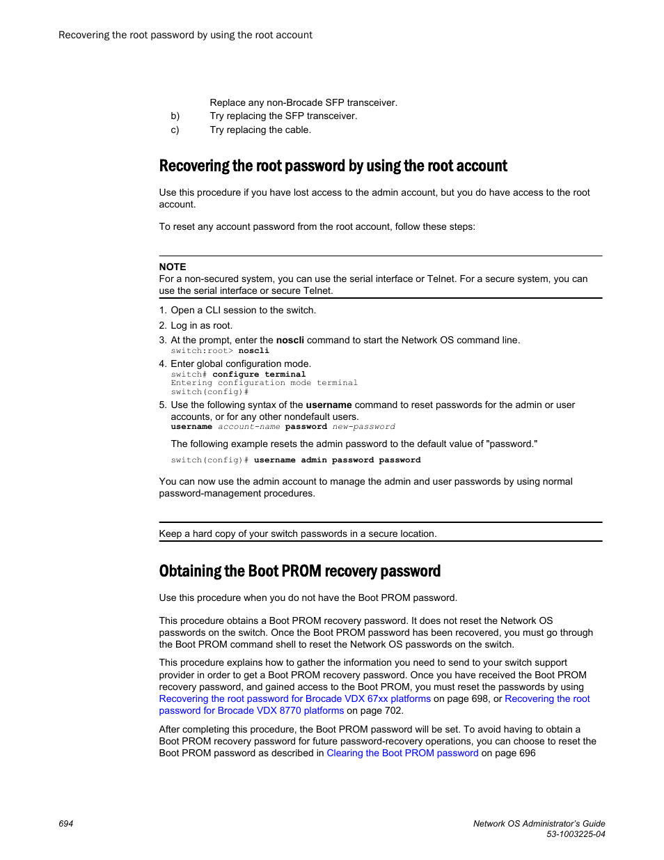 Obtaining the boot prom recovery password | Brocade Network OS Administrator’s Guide v4.1.1 User Manual | Page 694 / 748